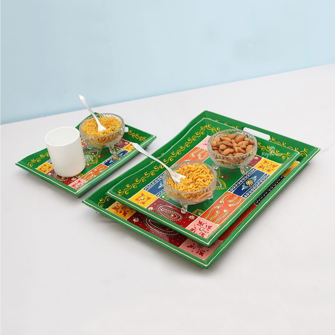 Nature Craft Green Wooden Tapered Tray Set - Handcrafted Serving Trays for Elegant Dinnig