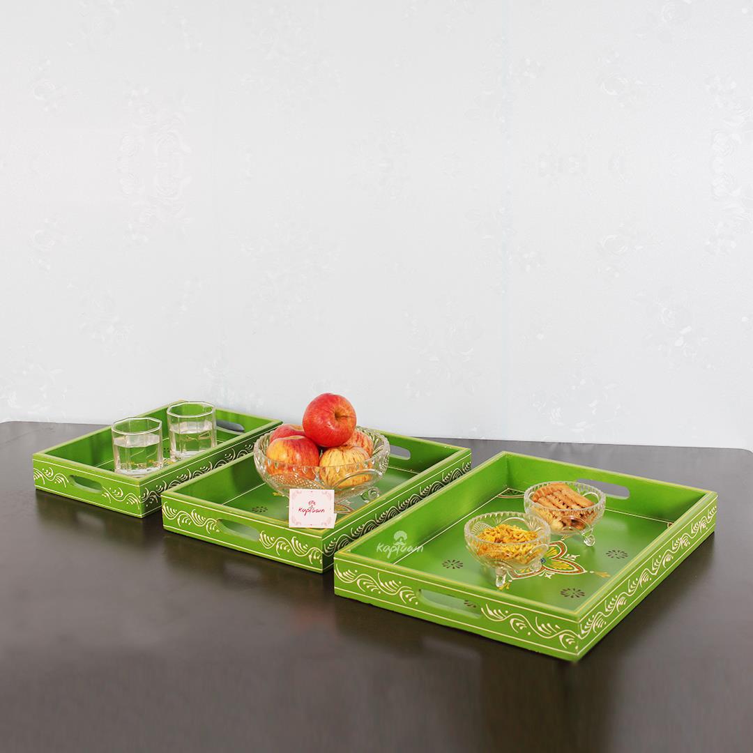NatureCraft Green Straight Wooden Tray Set - Handcrafted Serving Trays for Elegant Dinnig
