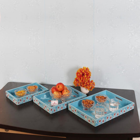 NatureCraft Blue Straight Wooden Tray Set - Handcrafted Serving Trays for Elegant Dinnig