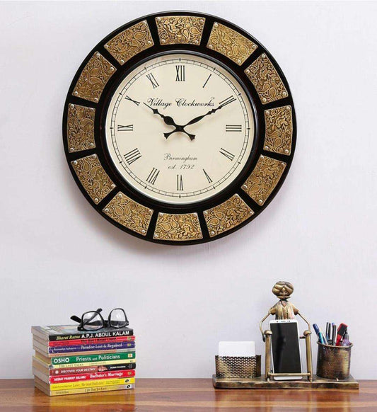 Wooden Clock Brass Coating | Elegant Timepiece