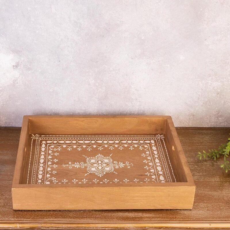 Stone Embellished Wood Serving Tray  - Handcrafted Serving Trays for Elegant Living