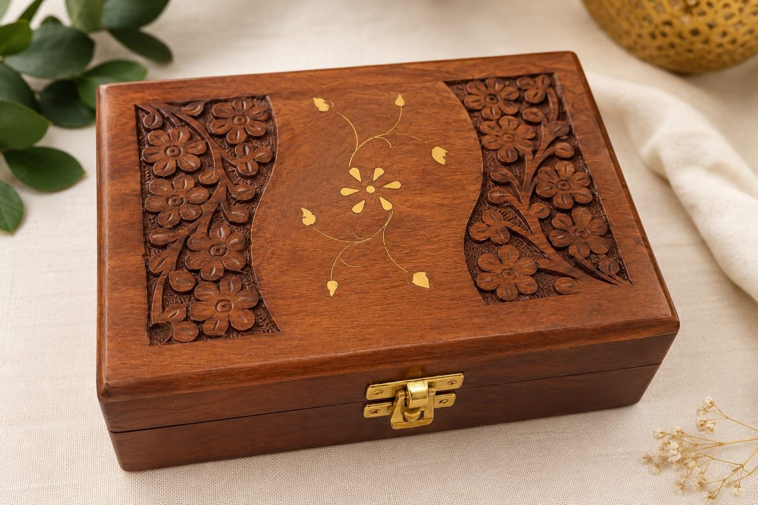 A rectangular wooden jewellery /storage box with ornate floral carvings on the top, a central floral inlay, and a gold-tone latch, photographed on a light fabric surface with decorative props.