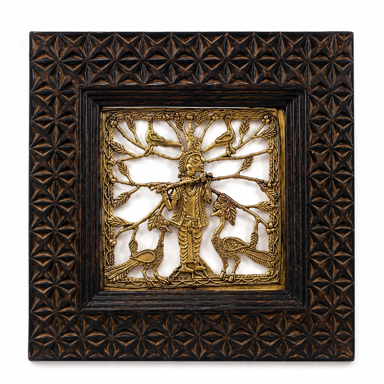 Handcrafted Dokra Krishna Wall Art with Wooden Frame | Tribal Brass Wall Decor | SatrangiIndia
