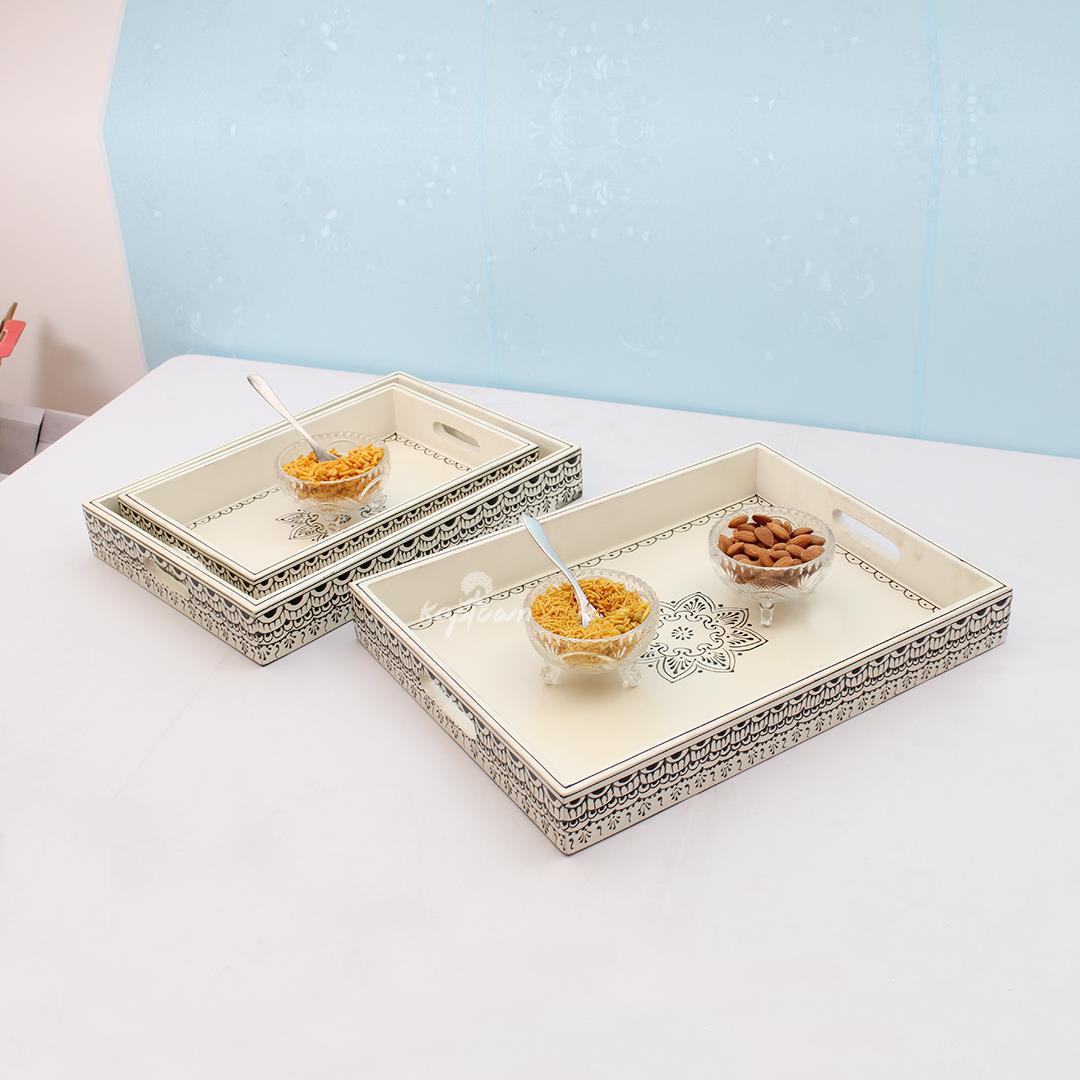 NatureCraft White Straight Wooden Tray Set - Handcrafted Serving Trays for Elegant Dinnig
