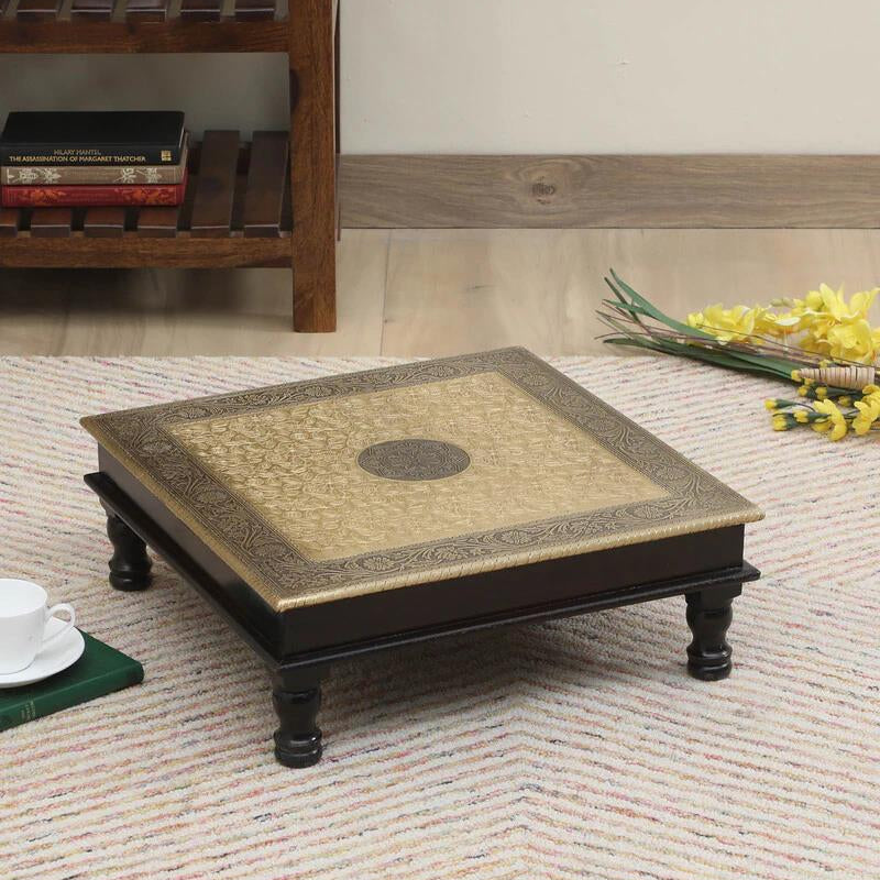 Wooden Brass Fitted Chowki in Brown - Elegant Home Decor