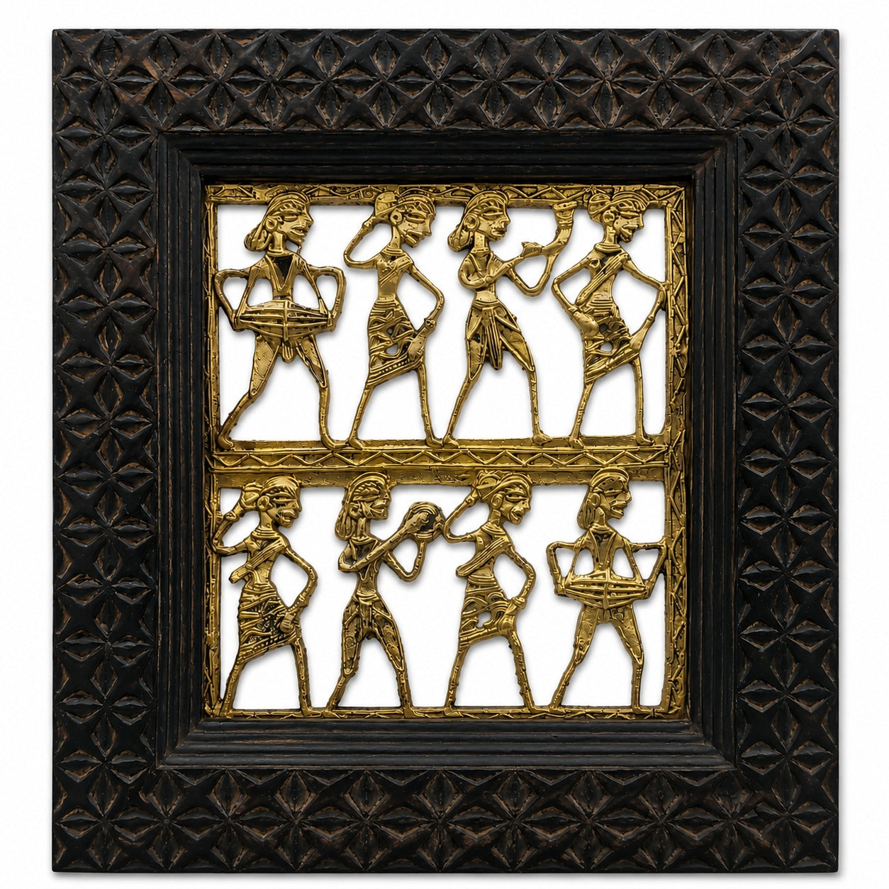Authentic Dokra tribal musicians wall art handcrafted in brass using the 4,000-year-old lost-wax casting technique, framed in a hand-carved burnt wooden frame by skilled Indian artisans.