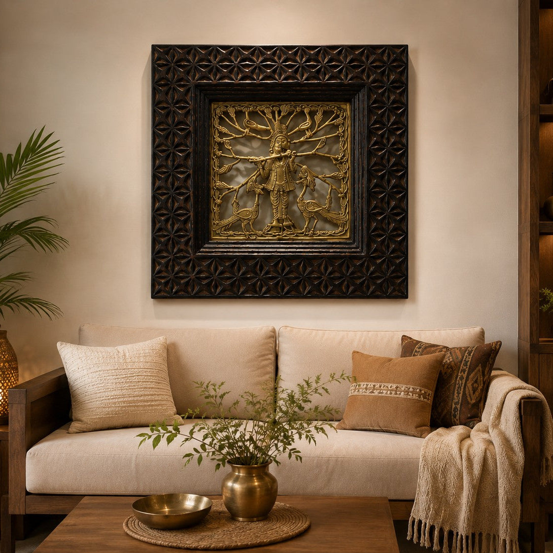 Dokra art of krishna with flute and peacock , on the wall , spiritual and beautiul wall decor